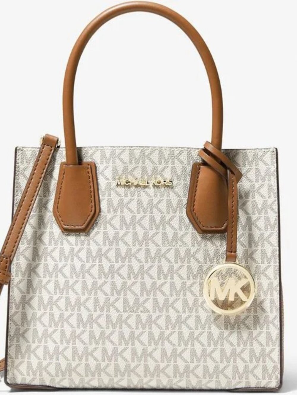 Michael Kors White/Beige Signature Logo Crossbody Tote with Brown Trim